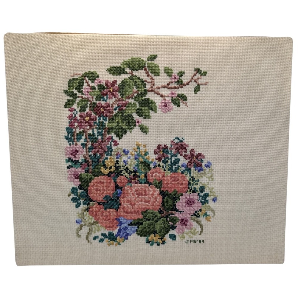 Vintage Counted Cross Stitch Piece Roses Floral Mounted 1989 Completed
